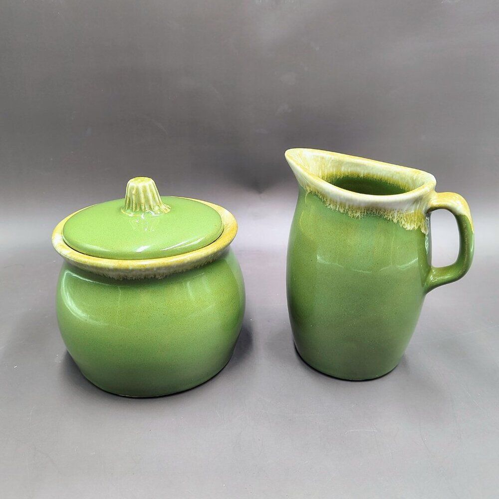 Hull Pottery Avocado Green Drip Glaze Creamer Sugar Bowl w/Lid Set MCM 1960s